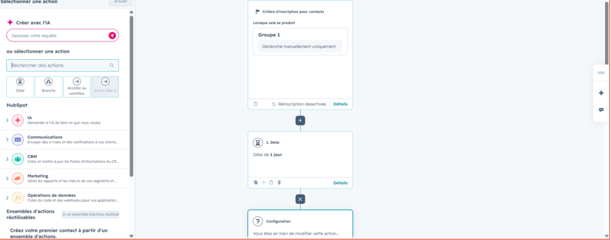 Interface du Workflow Builder HubSpot pour automatiser les scenarios d email marketing